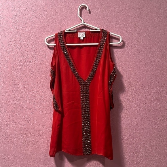 PARKER Red Beaded 100% Silk Blouse Size Small - Picture 1 of 6